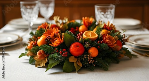 Concetto di decorazione per tavola delle feste, centrotavola o corona con frutti e foglie di stagione photo