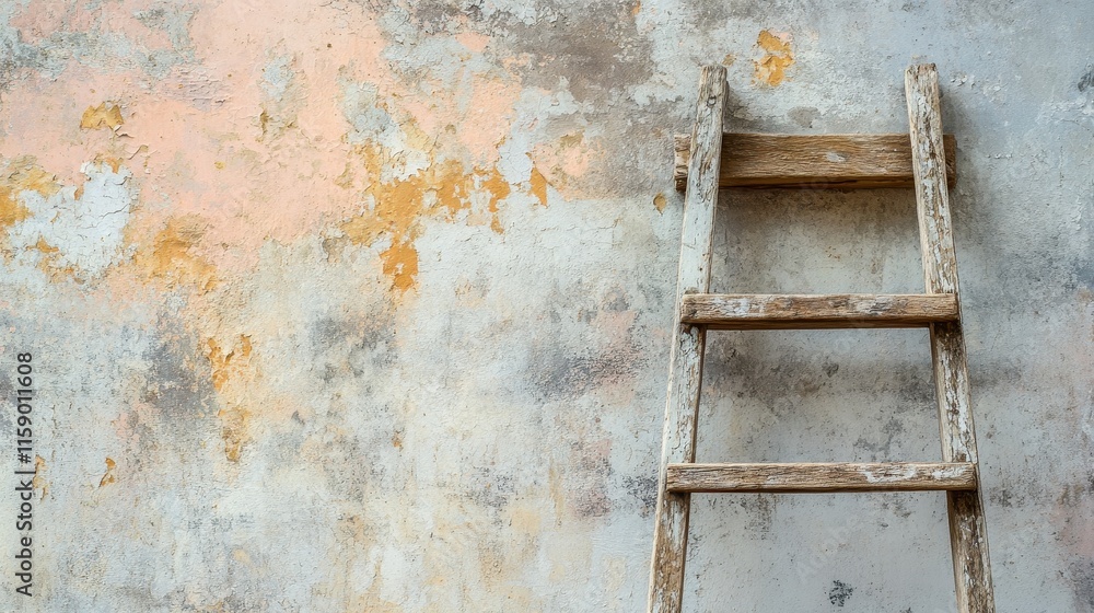 Rustic wooden ladder against a peeling, textured wall. Perfect for themes of renovation, age, or reaching goals. Rustic wooden ladder against a peeling, textured wall. Perfect for themes of renovation, age, or reaching goals.