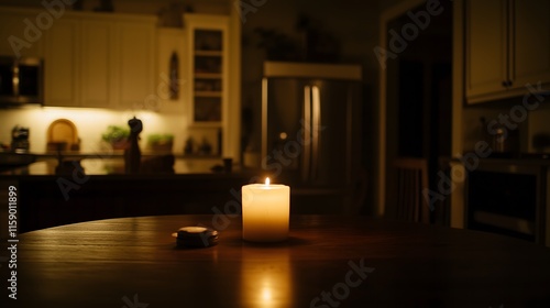 Dark room with single candle flickering on wooden table during power outage, creating serene atmosphere with soft glow illuminating scattered items.