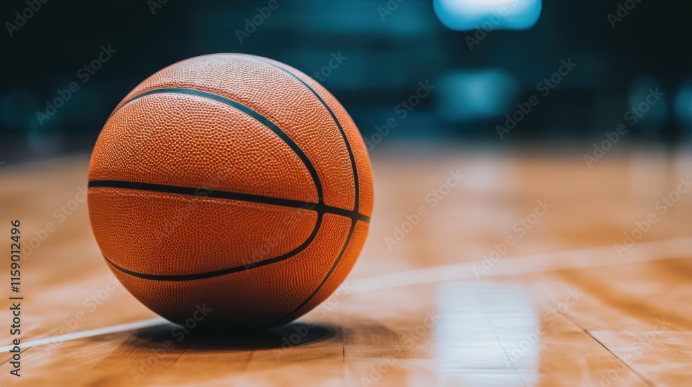 Close-Up of a Basketball on a Wooden Court Surface in Low Light Close-Up of a Basketball on a Wooden Court Surface in Low Light