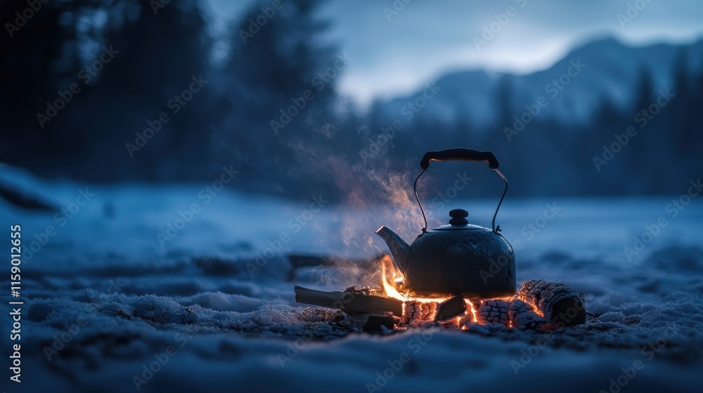 Kettle steaming over campfire in snowy landscape. Kettle steaming over campfire in snowy landscape.