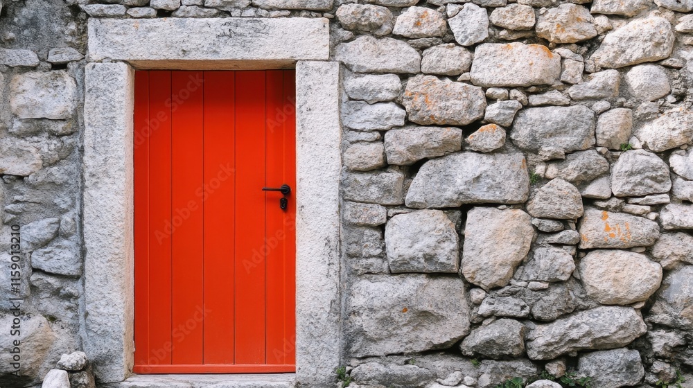 Fototapeta premium Bright Orange Door Framed by Rustic Stone Wall in Natural Setting