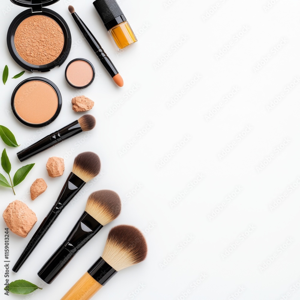 Beautiful Makeup Tools, Flat Lay, Variety of Cosmetics, Created by AI. Beautiful Makeup Tools, Flat Lay, Variety of Cosmetics, Created by AI.