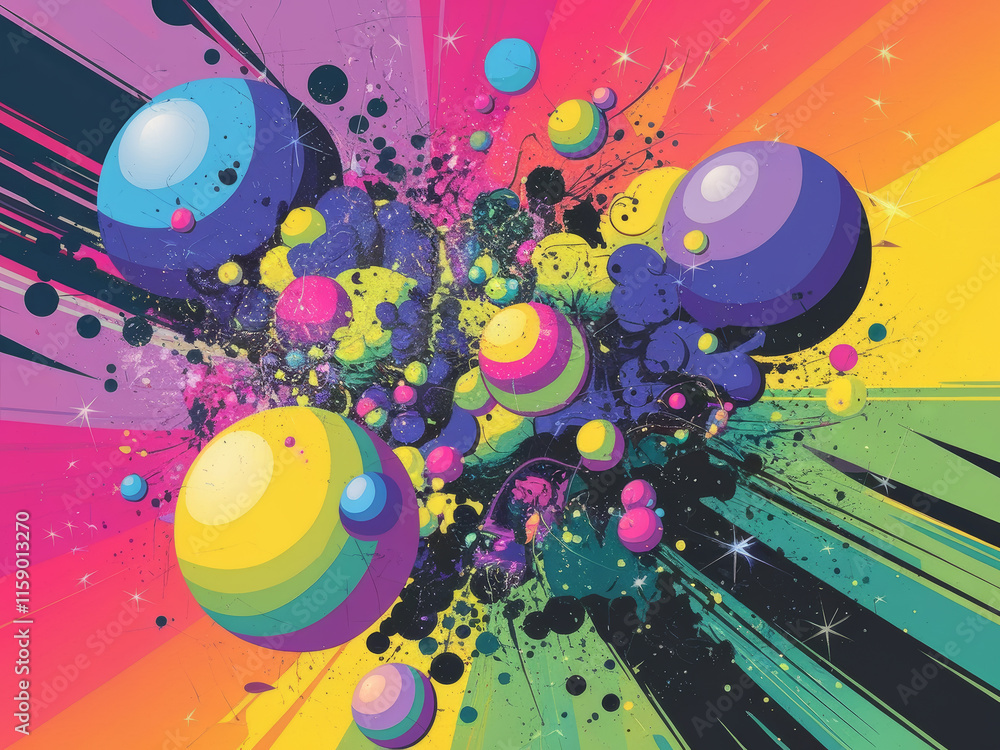 Vibrant abstract cosmic explosion with colorful spheres and energetic splashes Vibrant abstract cosmic explosion with colorful spheres and energetic splashes