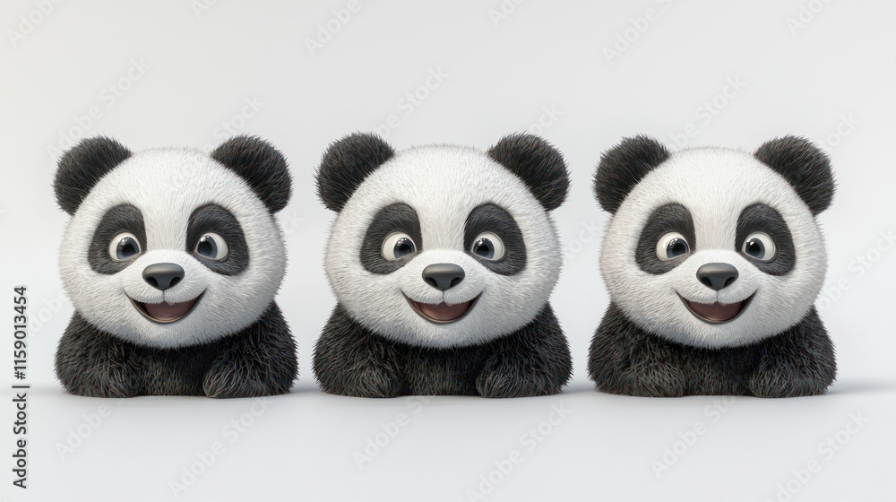 Fototapeta premium Three adorable cartoon panda cubs sitting together.