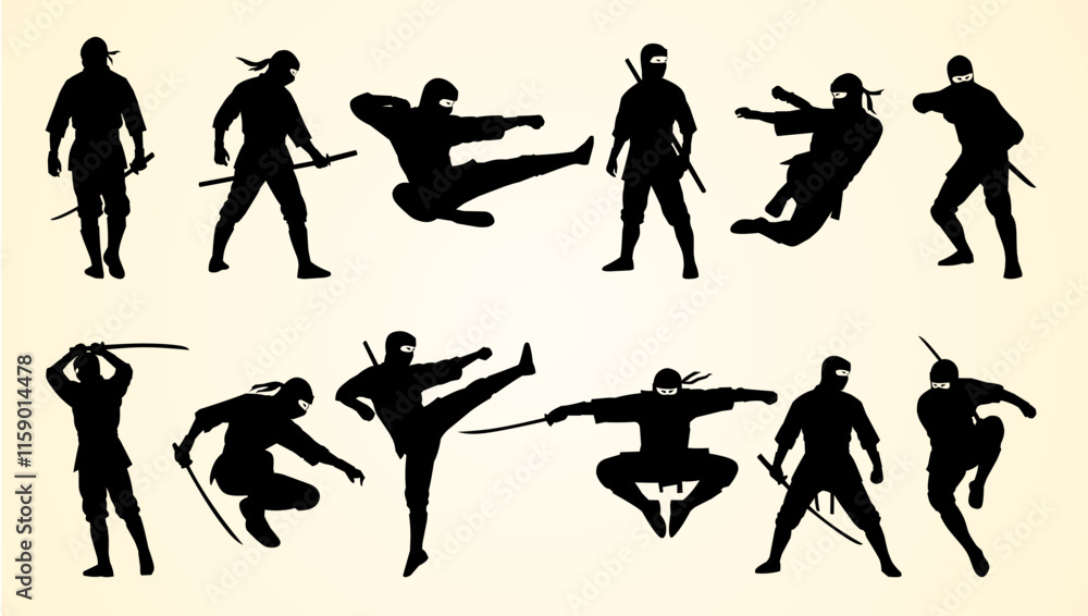 Silhouettes of ninjas in dynamic poses showcasing martial arts, combat skills, and weapons. Silhouettes of ninjas in dynamic poses showcasing martial arts, combat skills, and weapons.