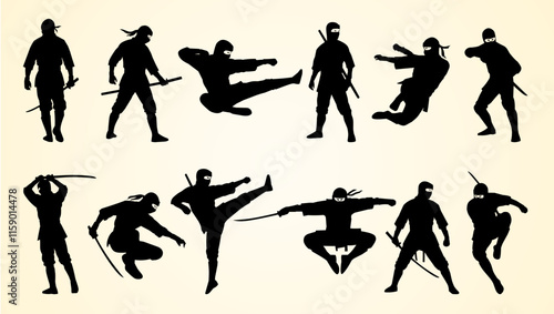 Silhouettes of ninjas in dynamic poses showcasing martial arts, combat skills, and weapons.