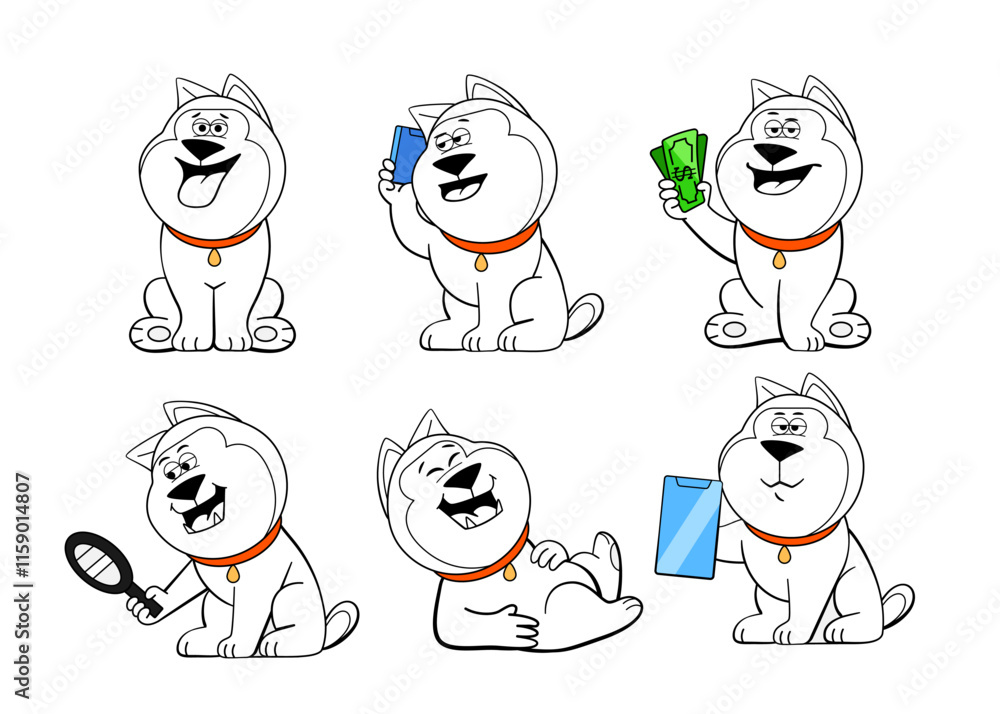 Set of emotions and poses of the character dog, laughing, talking on the phone, counting money, exploring, etc. in doodle style. Set of emotions and poses of the character dog, laughing, talking on the phone, counting money, exploring, etc. in doodle style.