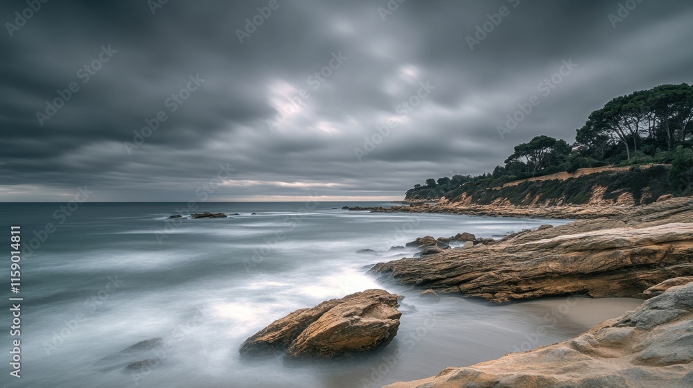 Dramatic Coastal Landscape with Rocks and Overcast Sky at Dusk Dramatic Coastal Landscape with Rocks and Overcast Sky at Dusk