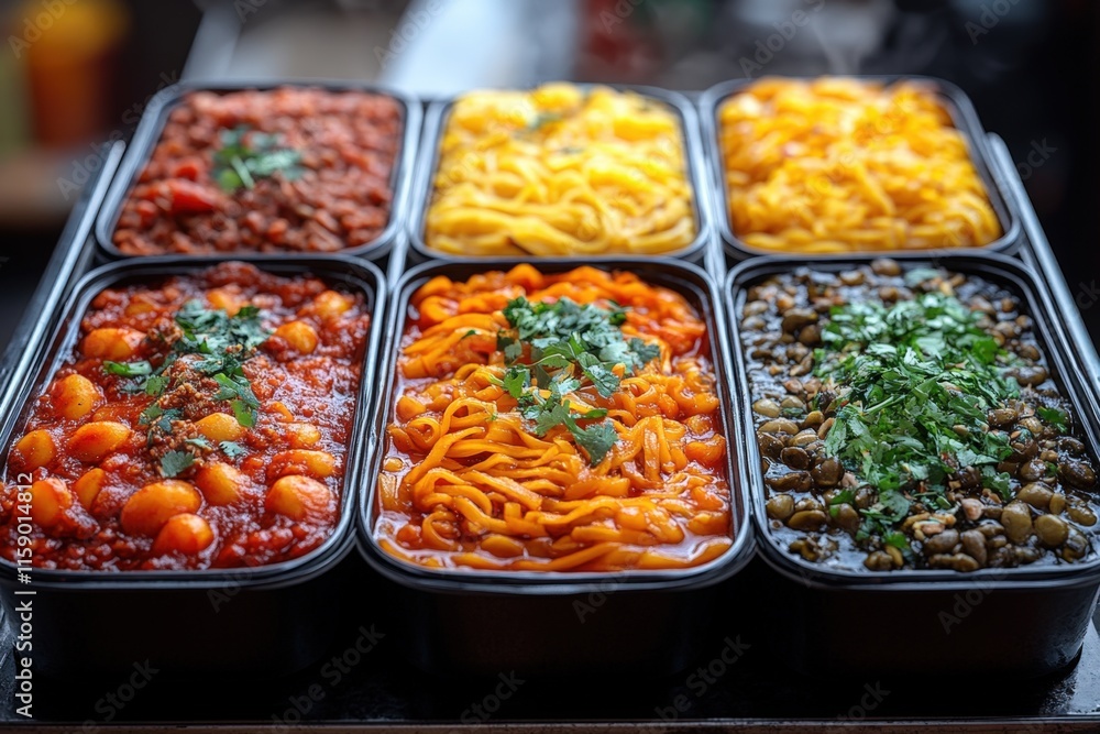 Six containers of assorted pasta dishes. Six containers of assorted pasta dishes.
