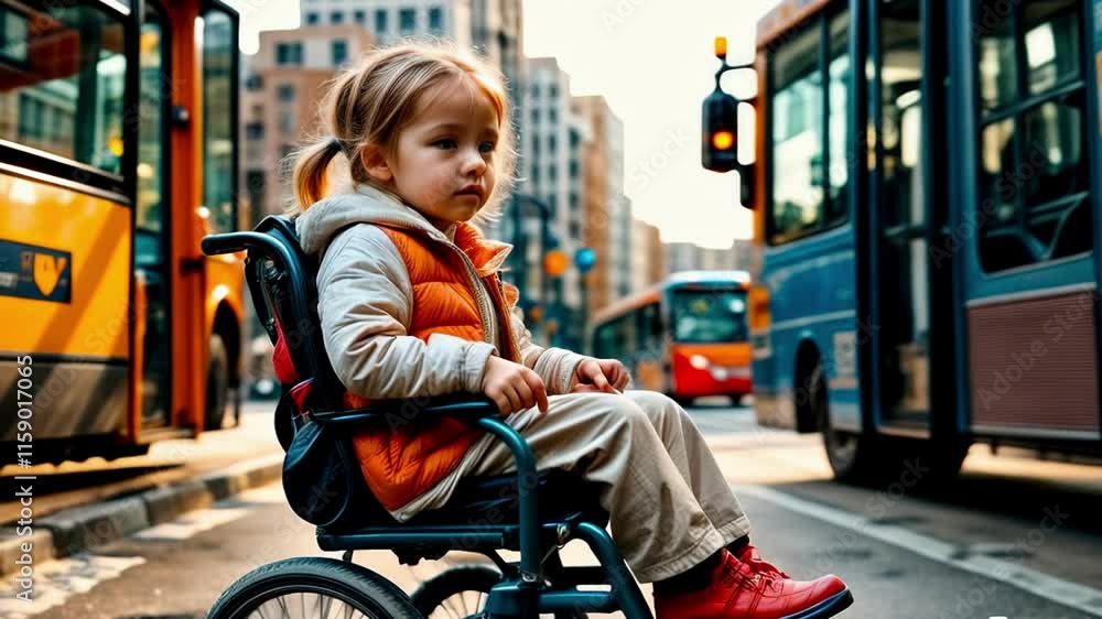 Confident little girl in a wheelchair gets on a city bus, barrier-free environment Confident little girl in a wheelchair gets on a city bus, barrier-free environment