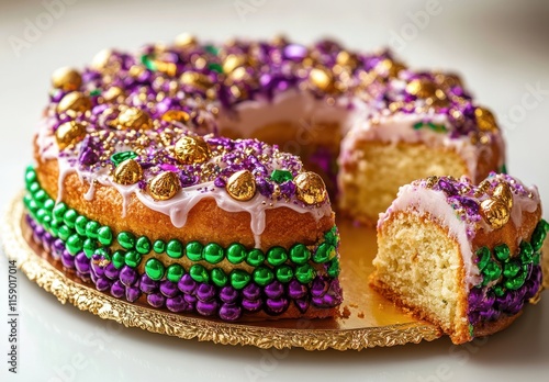 Colorful Festive Cake Decorated with Purple and Gold Toppings, Perfect for Celebrations or Special Occasions, Showcasing Delicious Layers and Sweet Texture
