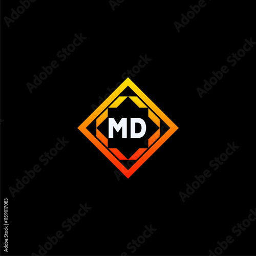 MD initials dynamic geometric logo design features a bold lettering sign in an orange and black color scheme, displayed against a dark background