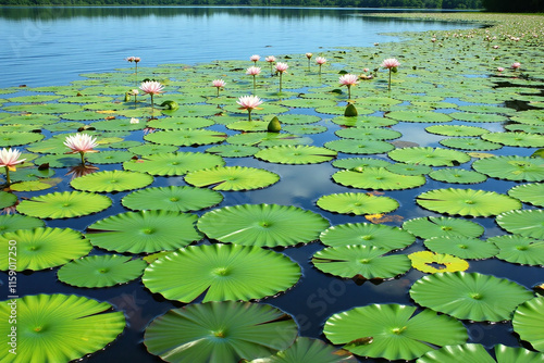 Serene lake scene with lily pads and water lilies on sunny day photo