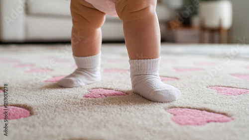 Close-up of Legs and Feet of Baby Infant Taking first Steps, Toddler photo