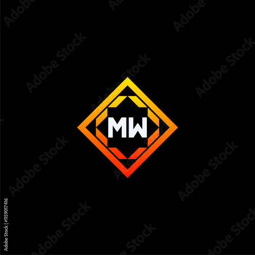 MW initials dynamic geometric logo design features a bold lettering sign in an orange and black color scheme, displayed against a dark background