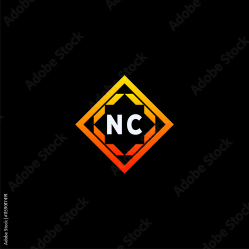 NC initials dynamic geometric logo design features a bold lettering sign in an orange and black color scheme, displayed against a dark background