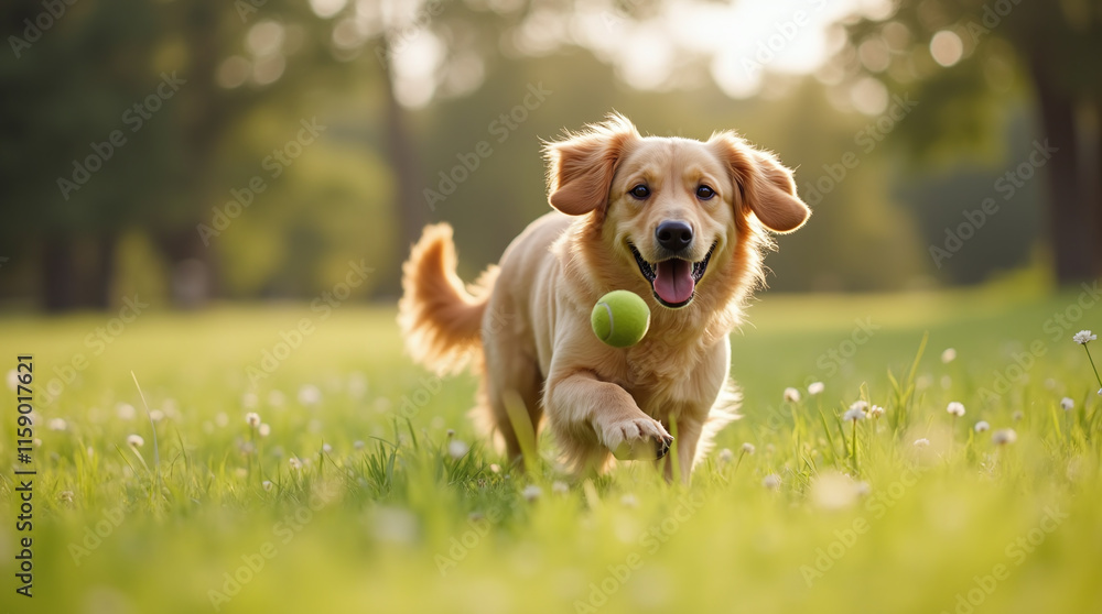 Happy Playful Joyful Golden Retriever Dog Running in Green Grass Field to Fetch a Tennis Ball on Sunny Spring or Summer Day, Active Pet Happy Playful Joyful Golden Retriever Dog Running in Green Grass Field to Fetch a Tennis Ball on Sunny Spring or Summer Day, Active Pet
