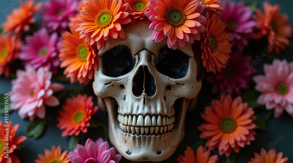 Human Skull Decorated with Beautiful Vibrant Flowers for Holiday of Halloween or Dia de los Muertos Background Human Skull Decorated with Beautiful Vibrant Flowers for Holiday of Halloween or Dia de los Muertos Background