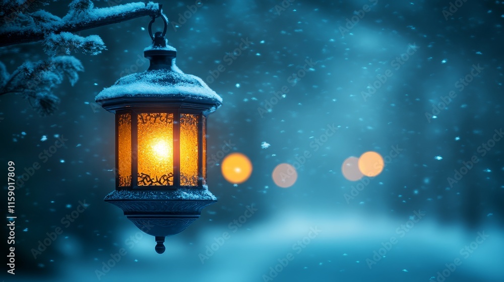 Ethereal winter lantern glowing in snowfall Ethereal winter lantern glowing in snowfall