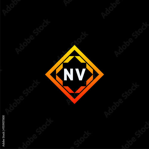 NV initials dynamic geometric logo design features a bold lettering sign in an orange and black color scheme, displayed against a dark background