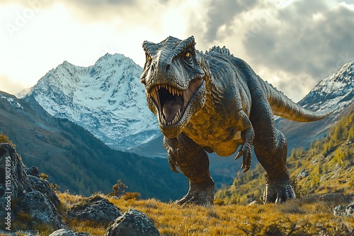 Tyrannosaurus Rex Roaring in Majestic Mountain Landscape: A Prehistoric Beast in a Modern Setting