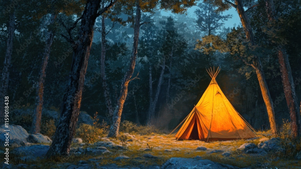 Peaceful Night at a Glowing Tipi Surrounded by Tall Trees Peaceful Night at a Glowing Tipi Surrounded by Tall Trees