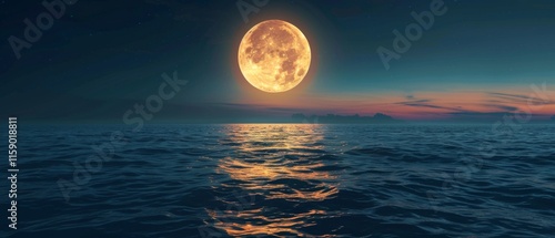 A mesmerizing ocean scene at night with a bright orange full moon reflecting on the water's surface, surrounded by stars and clouds. Tranquil and majestic, invoking awe at nature's beauty. photo