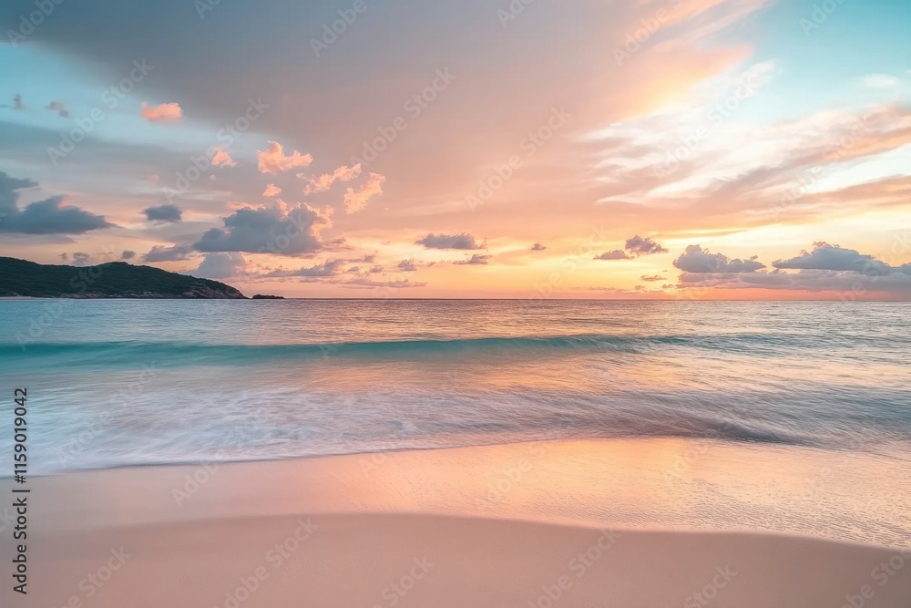 Sunrise to Sunset: A Coastal Beauty with Abstract Sky, Waves, and a Palette of Colors, from Dusk till Dawn, Offering Quiet Scenery for Travel by the Sea in Summer Sunrise to Sunset: A Coastal Beauty with Abstract Sky, Waves, and a Palette of Colors, from Dusk till Dawn, Offering Quiet Scenery for Travel by the Sea in Summer