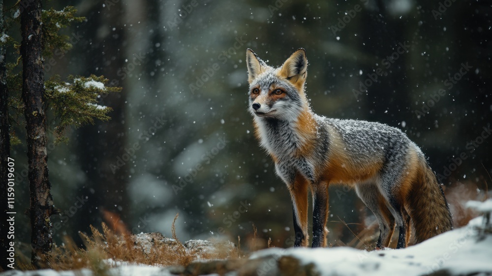 Fototapeta premium Majestic Red Fox Standing in Snowy Forest During Winter Season