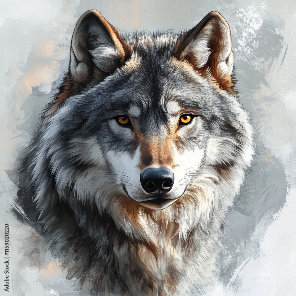 Fototapeta premium A realistic wolf portrait with an intense gaze, illustrated in an artistic style with detailed fur texture