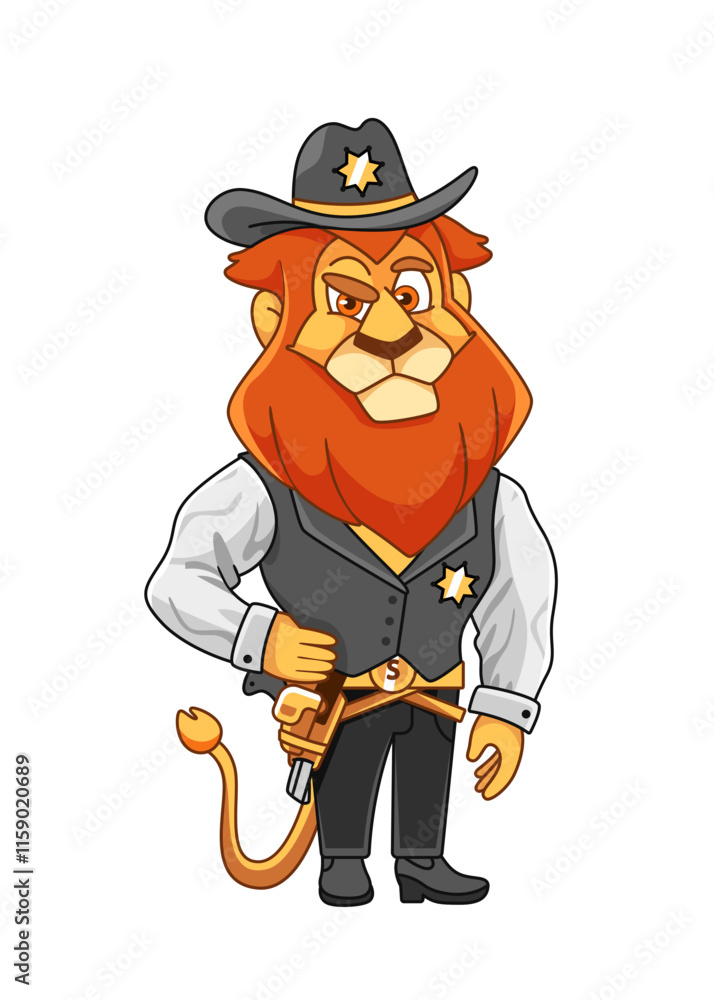 Obraz premium Illustration of a lion sheriff character in a cute cartoon style.