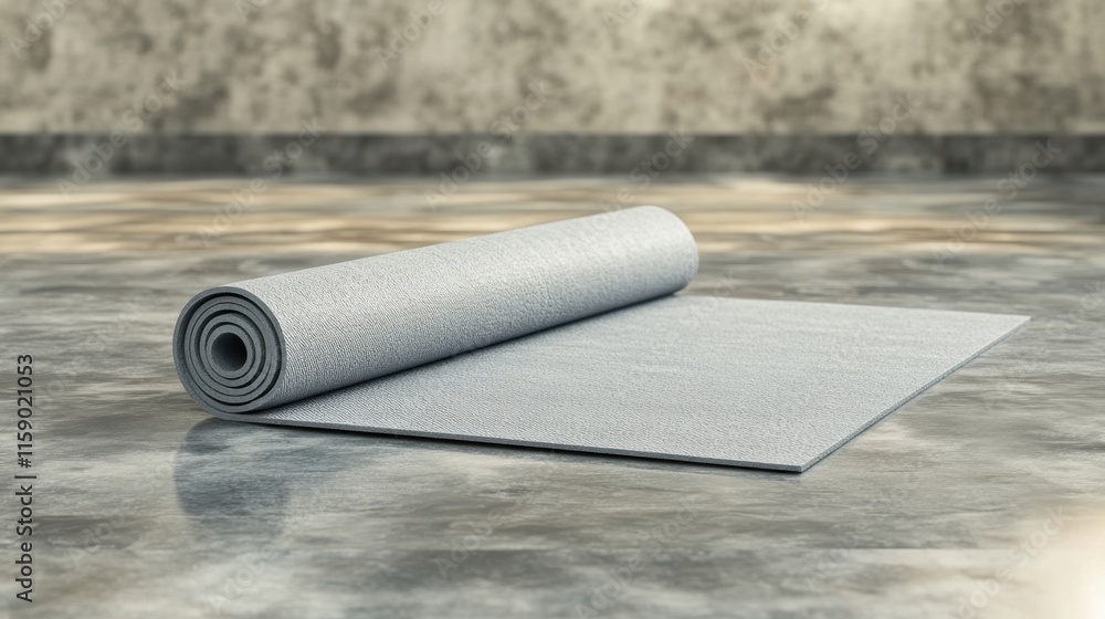 Gray Yoga Mat Rolled on Glossy Floor for Fitness and Wellness Use Gray Yoga Mat Rolled on Glossy Floor for Fitness and Wellness Use