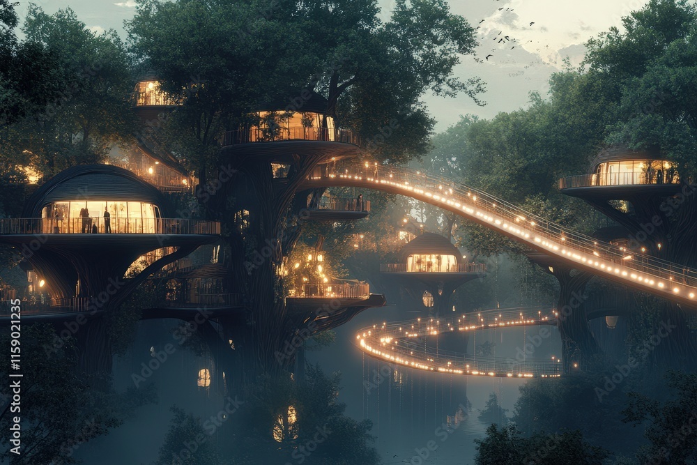 Illuminated Treetop Houses Connected By A Winding Pathway Illuminated Treetop Houses Connected By A Winding Pathway