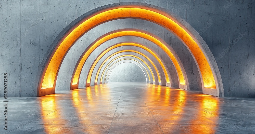 Naklejka premium An abstract interior with smooth concrete and wood surfaces, framed by an architectural setting, presented in a 3D illustration