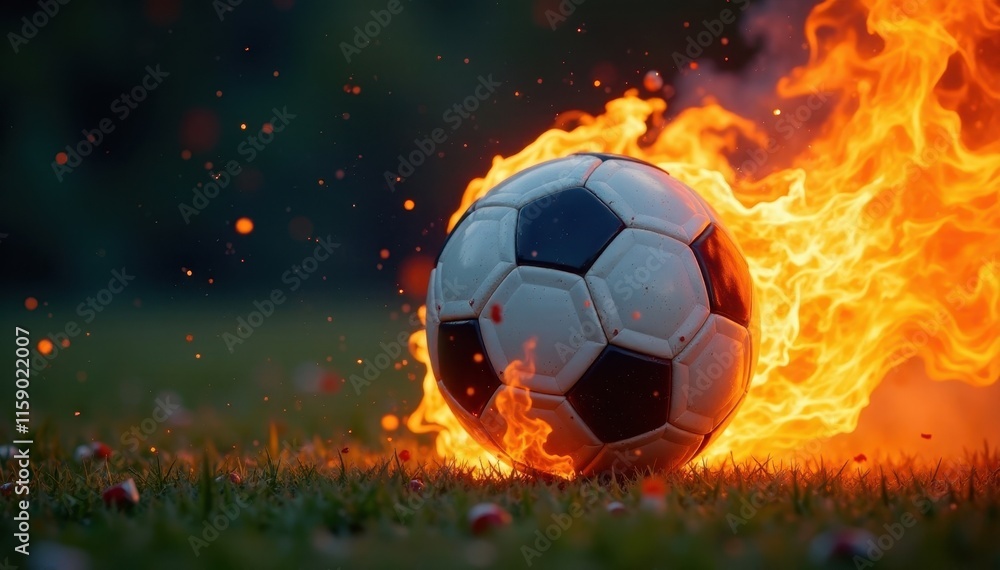 Fototapeta premium Fiery blaze consuming a football, intense heat and light, fiery, burning leather