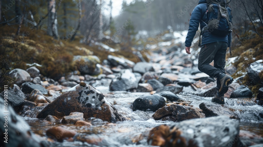 Traveler travel to mountain walk through stone and fresh stream on vacation outside trip activity. Journey of tourist touring to natural scenic place with rock scatter around water of river. AIG53. Traveler travel to mountain walk through stone and fresh stream on vacation outside trip activity. Journey of tourist touring to natural scenic place with rock scatter around water of river. AIG53.