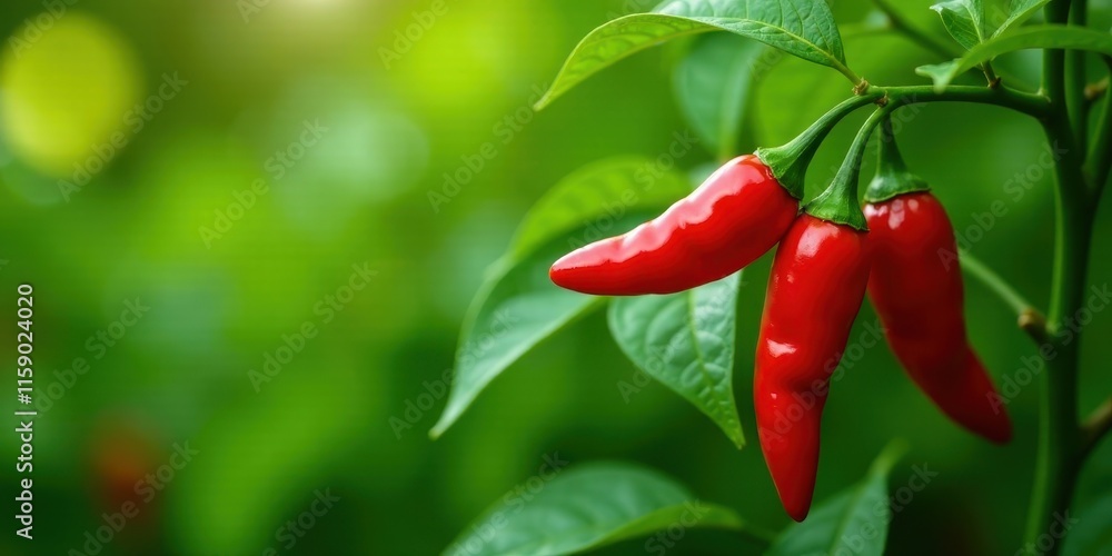 Obraz premium Vibrant Red Chili Peppers Growing on Lush Green Foliage in a Natural Setting