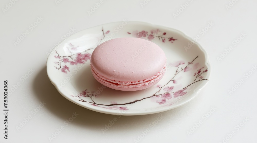 Pink Macaron on Floral Plate with Cherry Blossom Design Pink Macaron on Floral Plate with Cherry Blossom Design