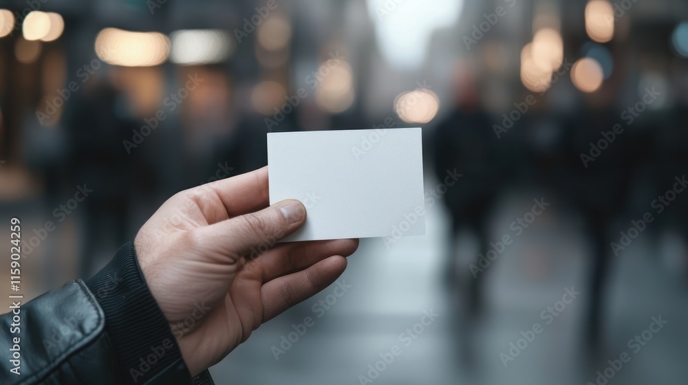 Hand holding blank white card in city. Hand holding blank white card in city.