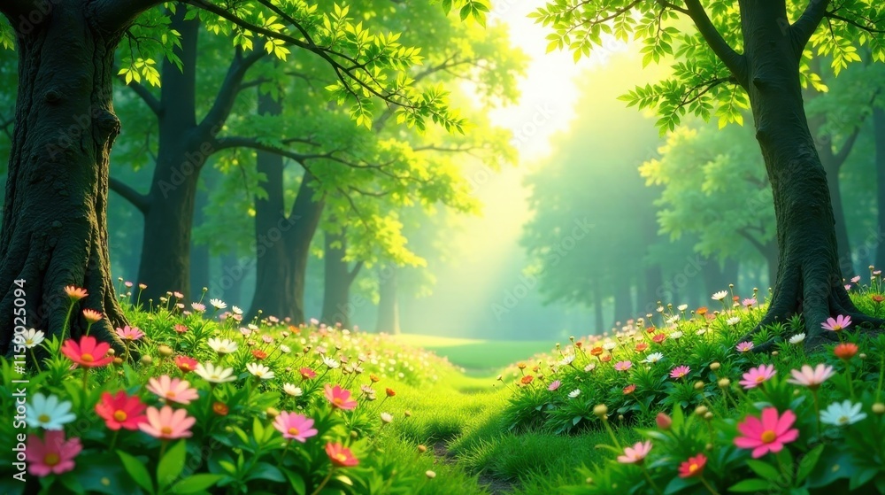 Serene Woodland Path Illuminated by Morning Sun, Adorned with Vibrant Wildflowers Blooming in Lush Green Grass Serene Woodland Path Illuminated by Morning Sun, Adorned with Vibrant Wildflowers Blooming in Lush Green Grass