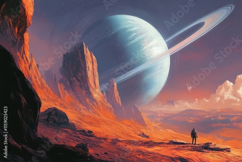 Astronaut gazes at a ringed planet and alien landscape