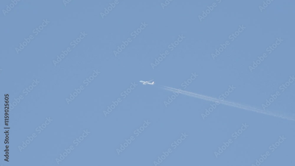 A plane is flying through the sky, leaving a trail of white smoke behind it. The sky is clear and blue, with no clouds in sight. Concept of freedom and adventure A plane is flying through the sky, leaving a trail of white smoke behind it. The sky is clear and blue, with no clouds in sight. Concept of freedom and adventure