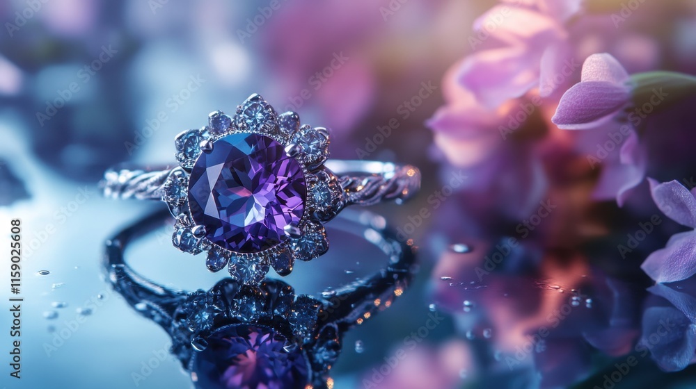Elegant Purple Ring with Floral Background and Reflective Surface Elegant Purple Ring with Floral Background and Reflective Surface