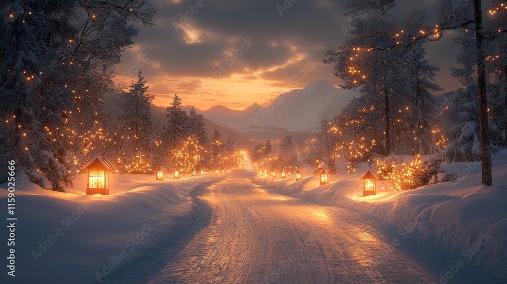 magical winter road illuminated by lanterns magical winter road illuminated by lanterns