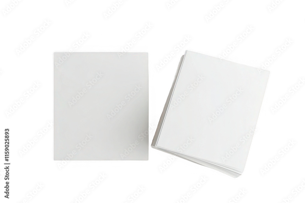 Top-down view of white sheets of paper, stickers on white background, png, no background, transparent background, isolated, mockup Top-down view of white sheets of paper, stickers on white background, png, no background, transparent background, isolated, mockup