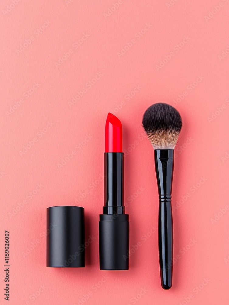 Obraz premium An elegant setup of cosmetic essentials like lipstick, makeup brushes, and powder, presented neatly on a light-colored backdrop. Stock.