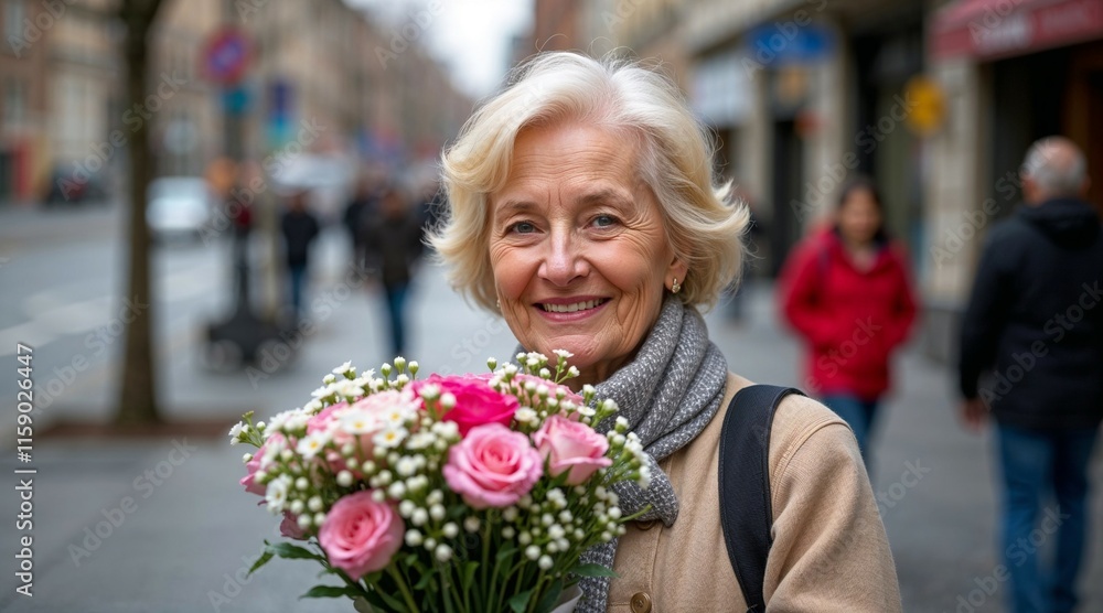 Fototapeta premium Elderly woman holding flowers and smiling during International Women's Day celebration in the city