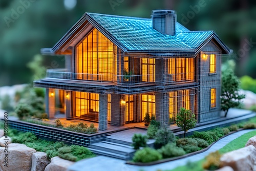 Illuminated architectural model of a modern house.