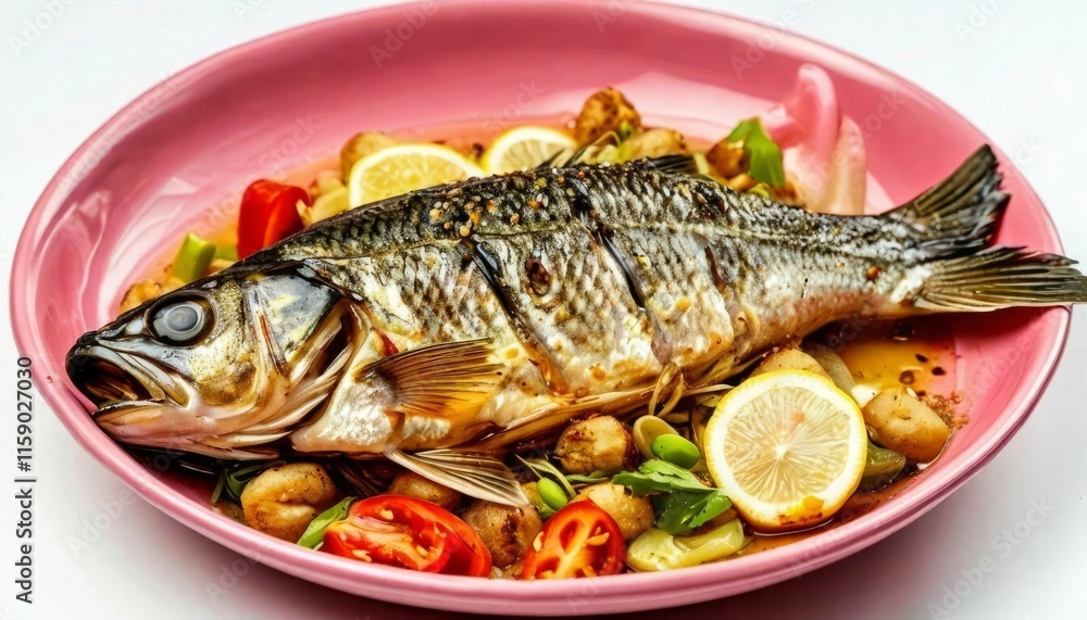 Baramundi, on a red plate Baramundi, on a red plate